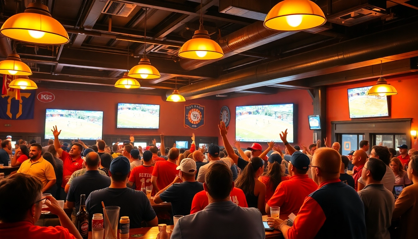 Dynamic gathering at sportsbooks in Oklahoma, showcasing fans celebrating at a sports bar.