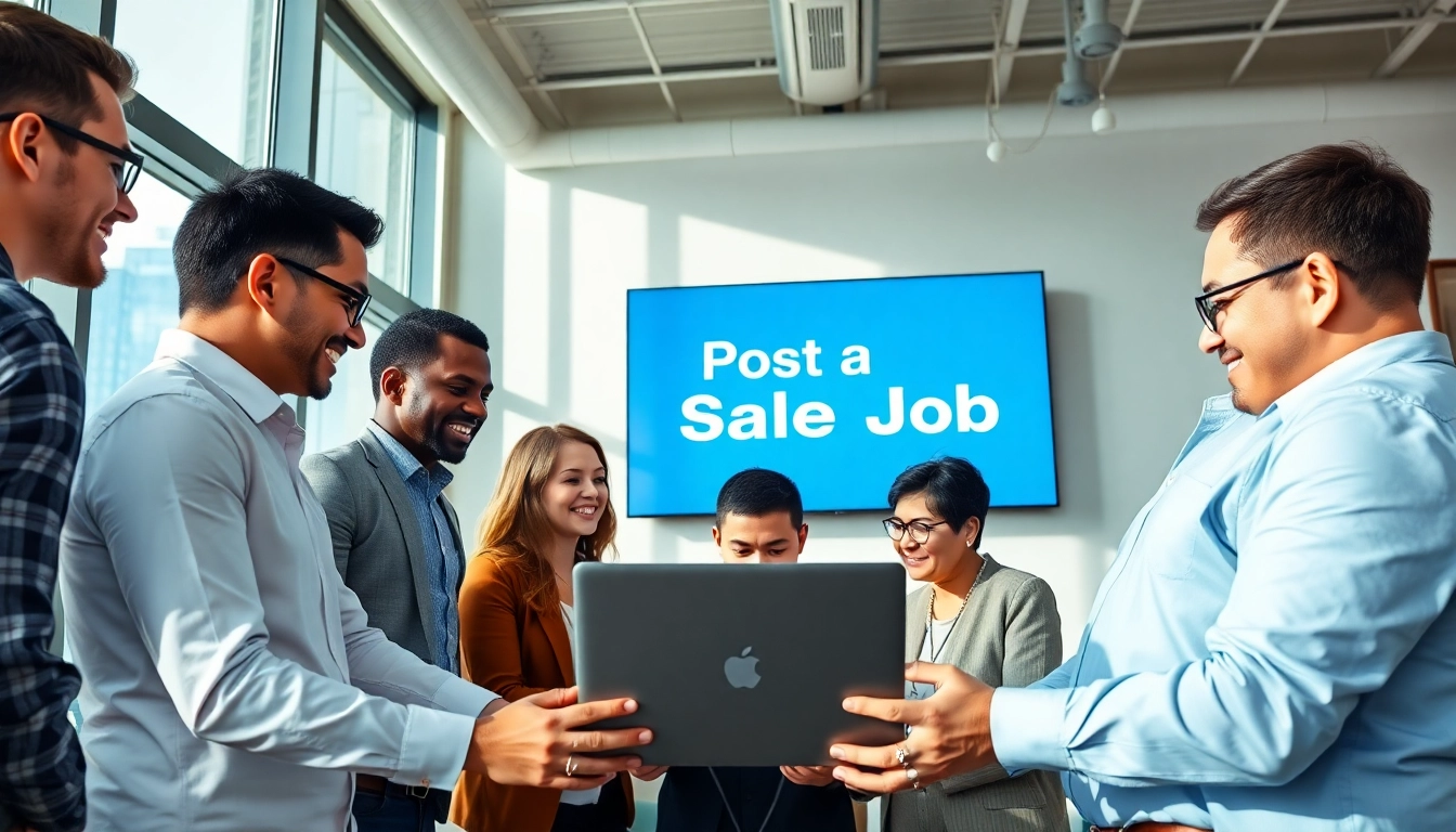Post a sales job in an engaging team meeting with diverse professionals in a bright office.
