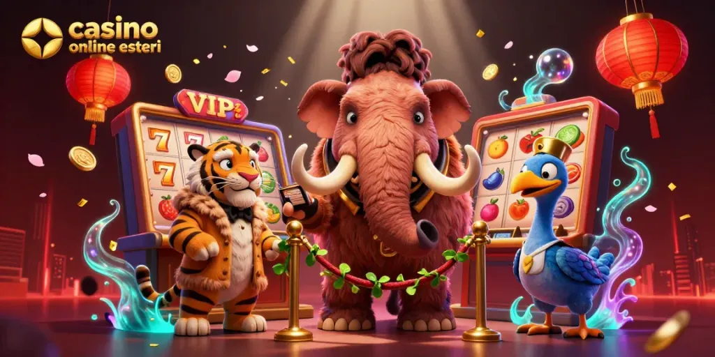 Scopri i migliori casinò online esteri con un mammut bouncer e un tiger VIP, tutto in un'incredibile scena di casinò.