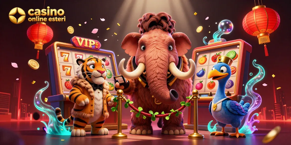Scopri i migliori casinò online esteri con un mammut bouncer e un tiger VIP, tutto in un'incredibile scena di casinò.
