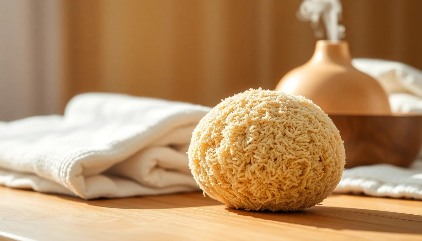Using a raw loofah sponge for exfoliation and natural skincare.