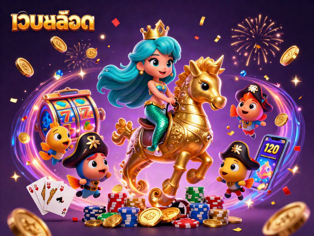 Engage with เว็บสล็อต as the mermaid princess rides a seahorse amidst cascading coins and colorful slot reels.