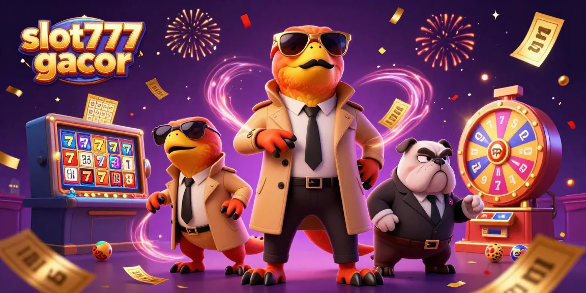 Slot777 gacor dalam ilustrasi 3D menunjukkan raptor lucu memasuki kasino VIP dengan tiket emas dan keberuntungan.