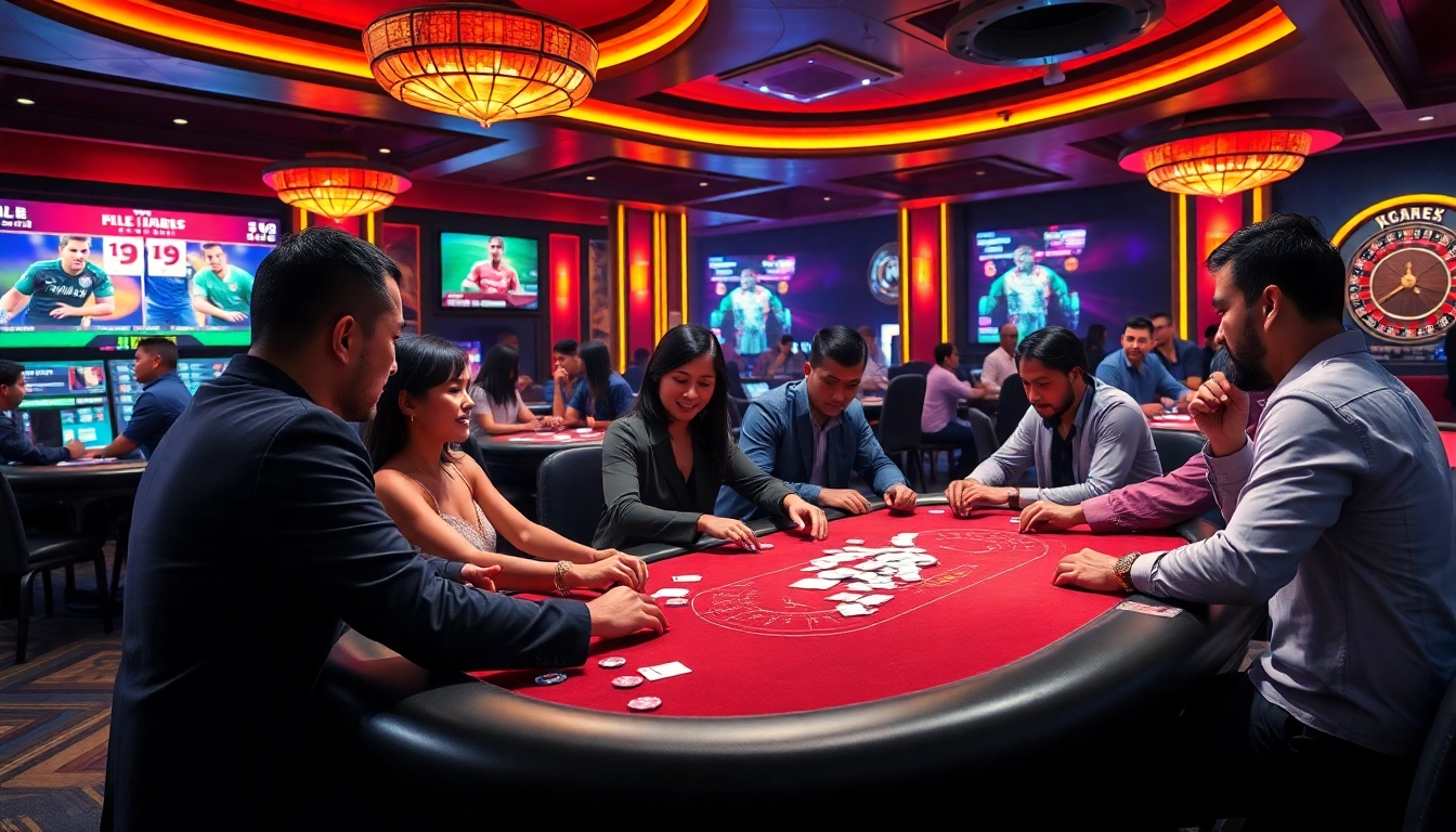 Engaged players betting on Taruhan bola at a luxurious casino, high-stakes excitement present.