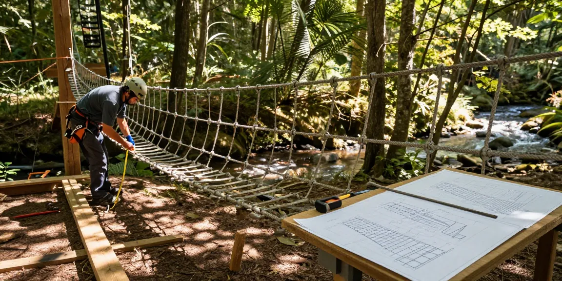Rope Bridge design construction scene with craftsman measuring ropes and wooden beams in a forest setting.