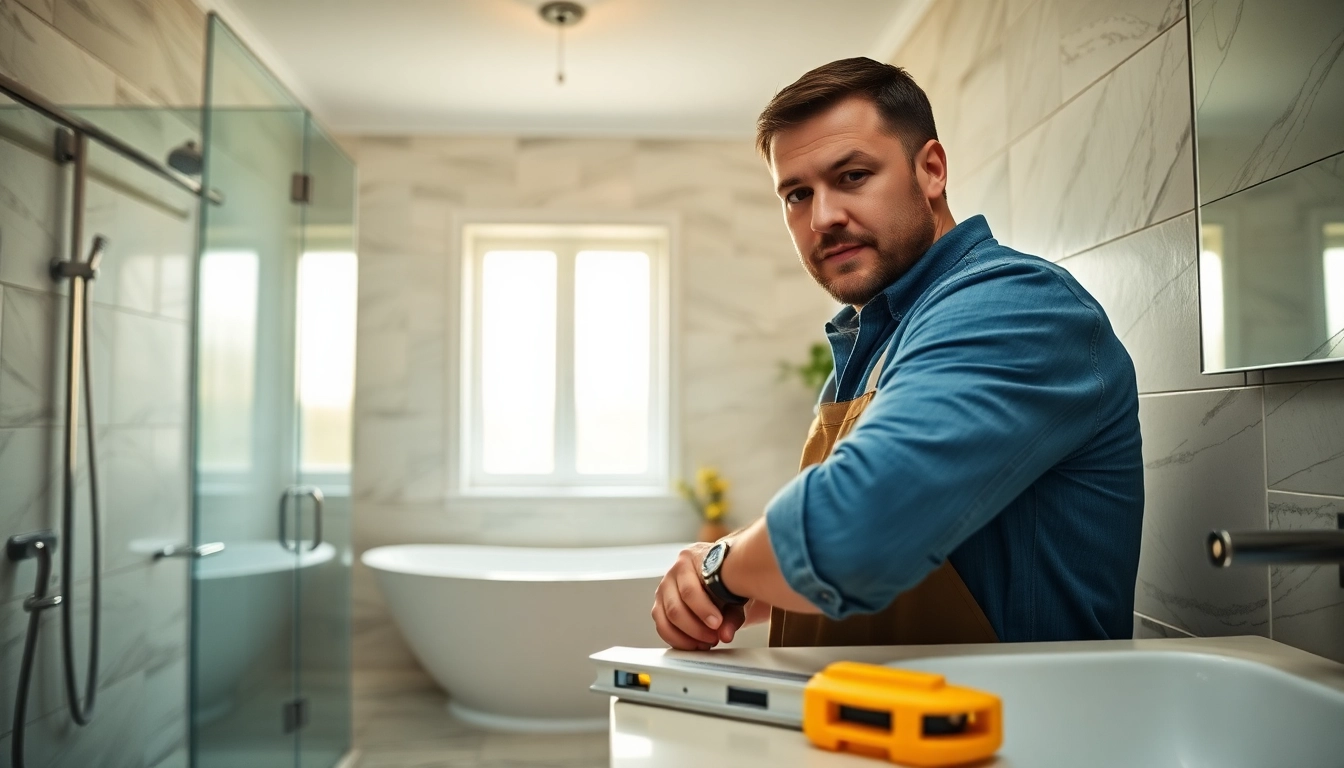 Skilled bathroom renovation contractors near me installing fixtures in a luxury bathroom.