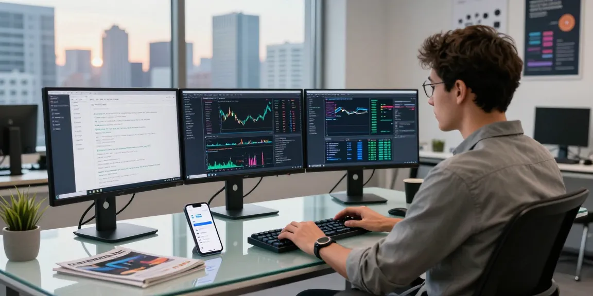 Developer utilizing multi-exchange data interface in fintech workspace with multiple monitors and coding tools.