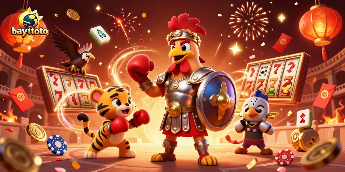 Bayitoto showcases exciting slot games with a dynamic 3D scene of competition and celebration.