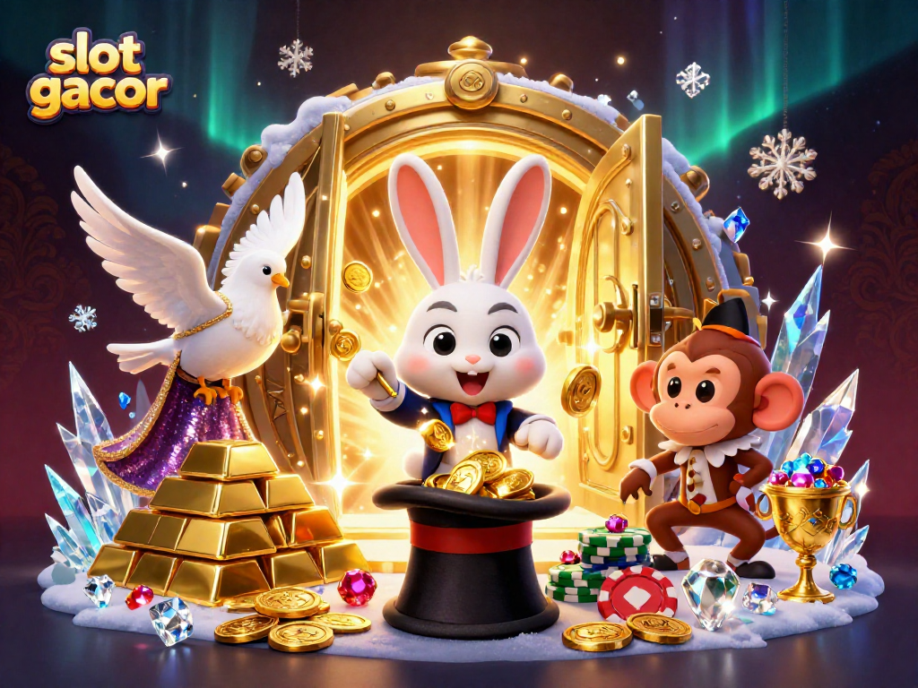 Menang besar dengan slot gacor, ilustrasi 3D mendebarkan tentang rabbit, burung merpati, dan monyet dalam suasana kasino.