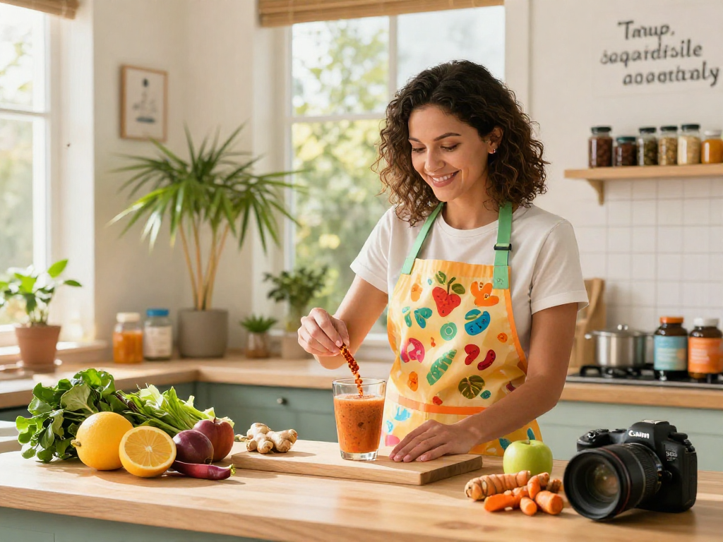 Vegan astaxanthin supplement being added to a smoothie in a sunny kitchen.