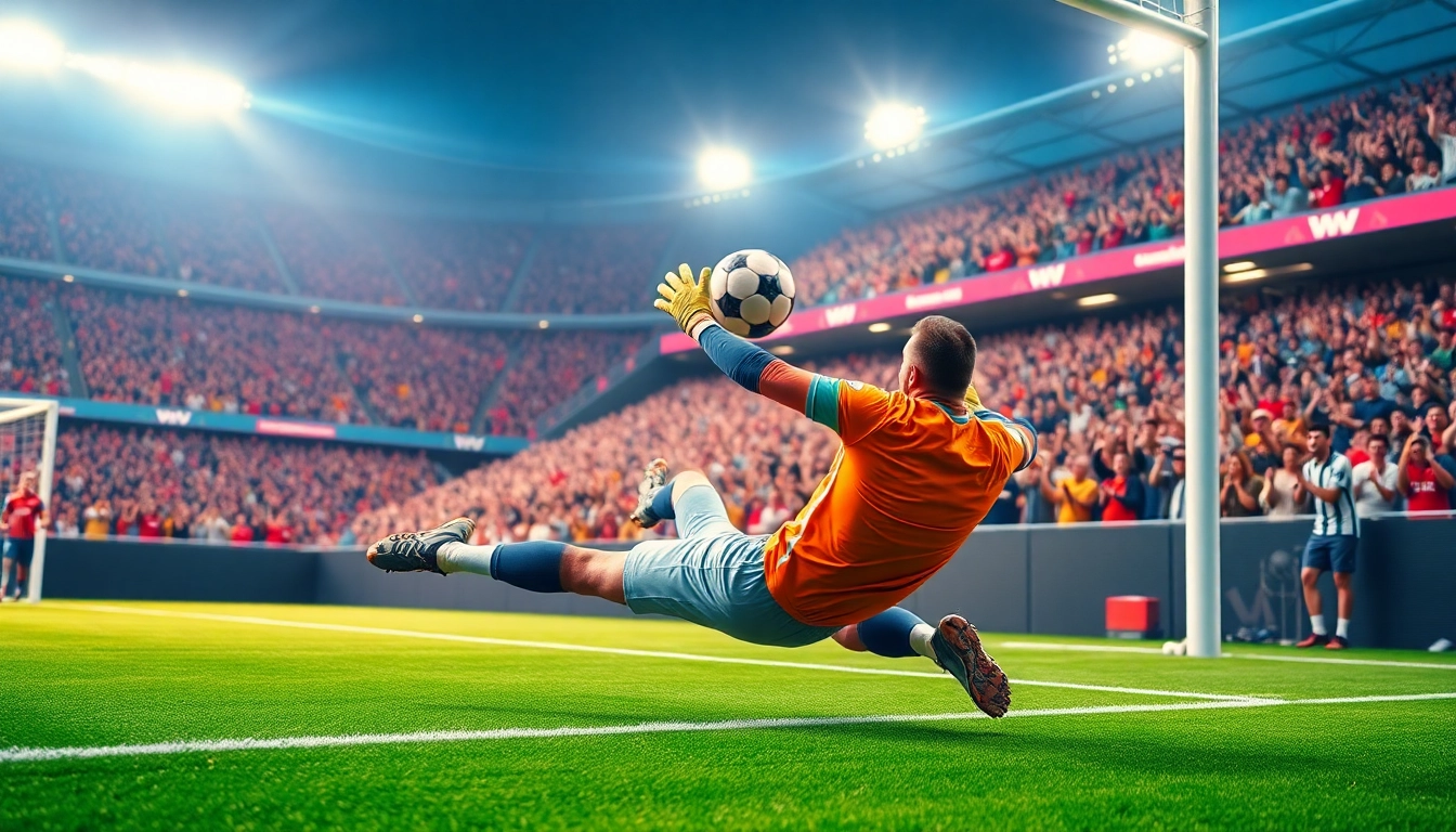 Goalkeeper making a stunning save during a match in บอลวันนี, excitement fills the stadium.