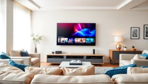Showcase of a modern iron tv setup in a stylish living room with bright lighting.