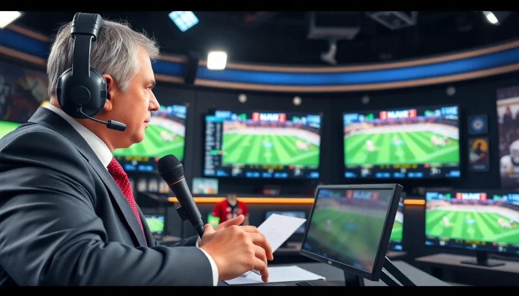 실시간스포츠중계를 제공하는 전문 스포츠 저널리스트의 활동을 보여줍니다.