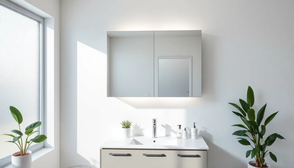 Der sonni Spiegelschrank mit LED-Beleuchtung in einem modernen Badezimmer.