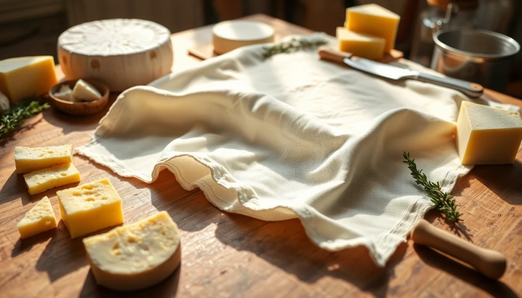 Gebruik van kaasdoek voor het maken van kaas met een mooi houten oppervlak en verschillende kazen.