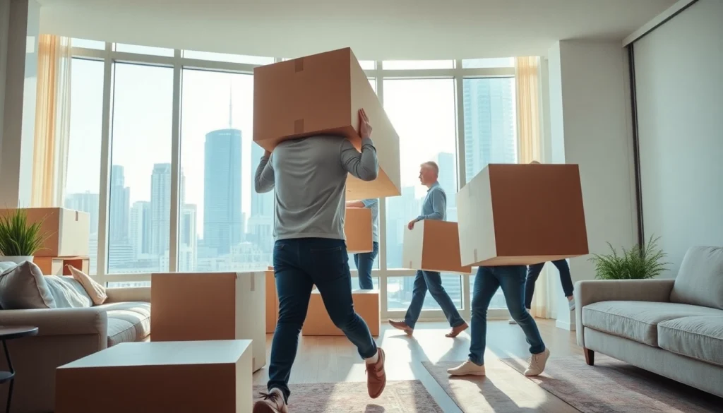 Efficient Toronto moving services in action as professional movers handle furniture in an urban setting.