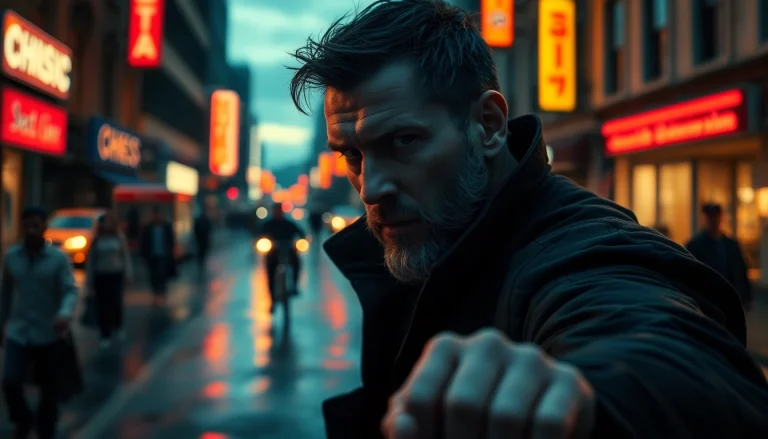 Action-packed scene depicting a character like Reacher in an urban setting amidst dramatic lighting.