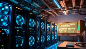 Modern cryptocurrency mining setup showcasing the best crypto mining site with high-performance rigs and digital stats.