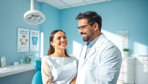 Dentist engaging pleasantly with a patient in a bright and modern dental clinic