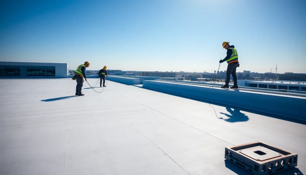 Expertly providing commercial roofing services on a large building depicting professionalism and safety.