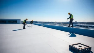 Expertly providing commercial roofing services on a large building depicting professionalism and safety.