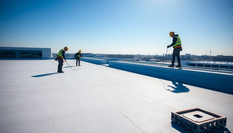 Expertly providing commercial roofing services on a large building depicting professionalism and safety.