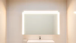 Spiegelschrank mit LED Beleuchtung im modernen Badezimmer-Design, bietet stilvolle Beleuchtung und Stauraum.