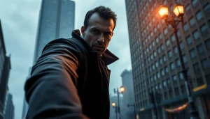 Detective navigating a suspenseful urban scene, inspired by shows like Reacher.