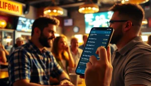 Engaged bettors using sportsbooks in California app in a vibrant setting.