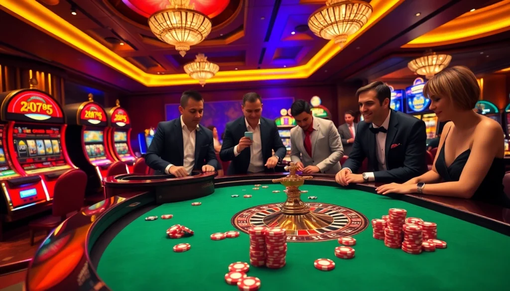Exciting gambling scene with players at the ga6789 casino, showcasing roulette and slot machines.