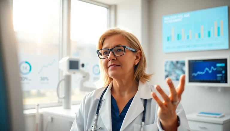 Person examining results from the biological age calculator in a modern clinic.