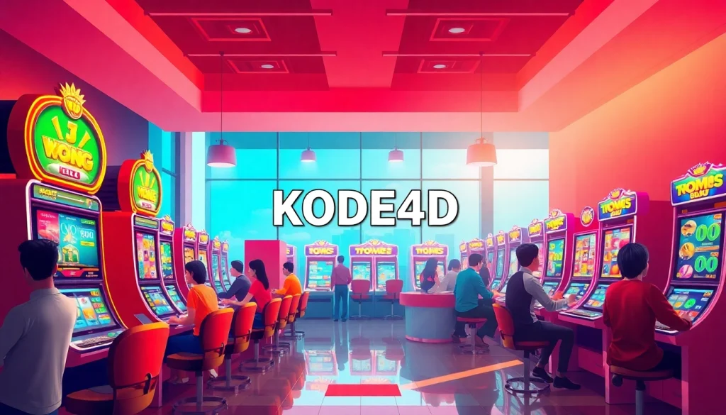 Situs kode4d vibrant gaming room with colorful slot machines and happy players