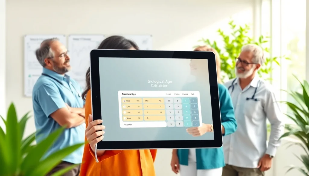Calculate your biological age using the interactive biological age calculator in a warm medical office setting.