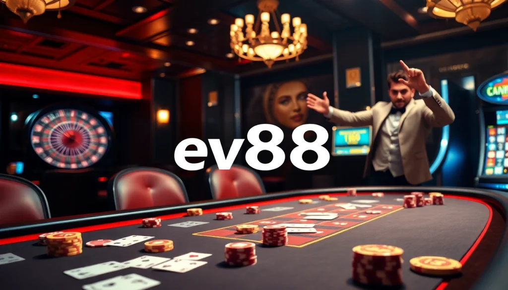 Experience the excitement of ev88 at a luxurious poker table featuring vibrant chips and cards.