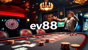 Experience the excitement of ev88 at a luxurious poker table featuring vibrant chips and cards.