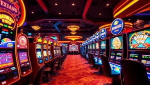 Pengalaman kasino yang seru di dewanaga89 dengan mesin slot yang penuh warna dan pemain yang terlibat dalam aksi.