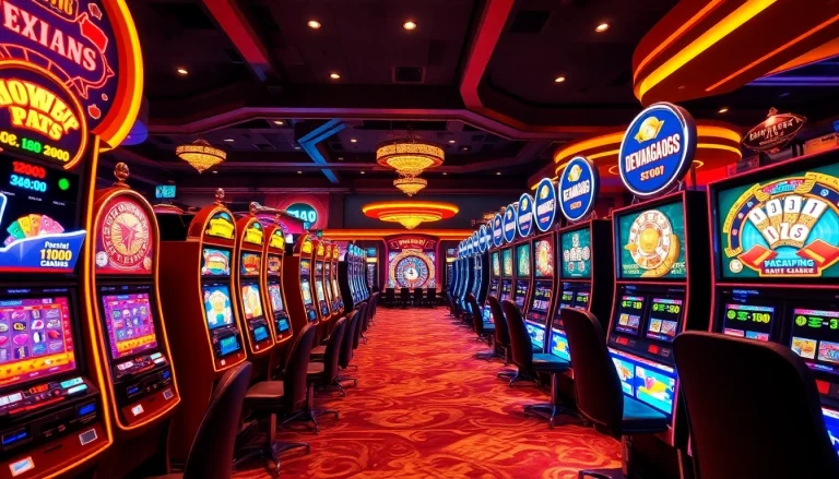 Pengalaman kasino yang seru di dewanaga89 dengan mesin slot yang penuh warna dan pemain yang terlibat dalam aksi.