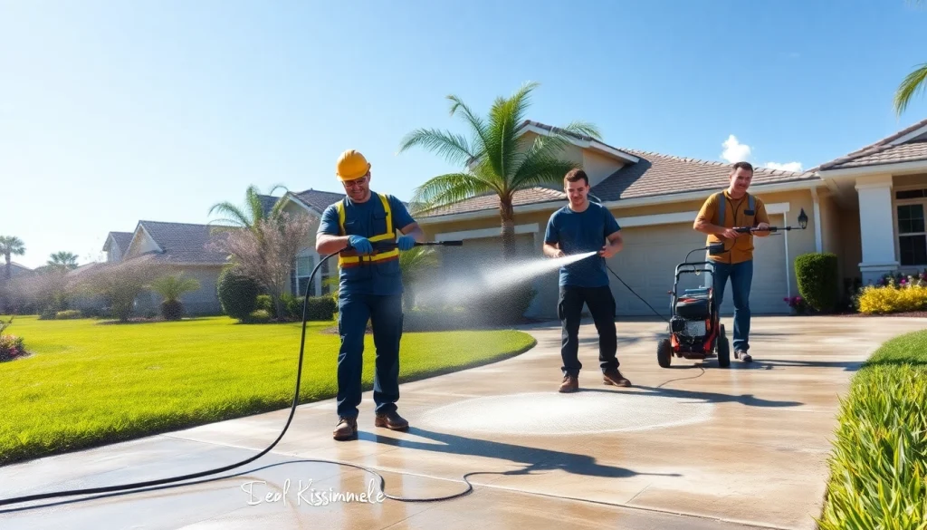 Concrete cleaning service team effectively washing a driveway in Kissimmee, FL.