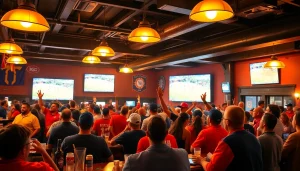 Dynamic gathering at sportsbooks in Oklahoma, showcasing fans celebrating at a sports bar.