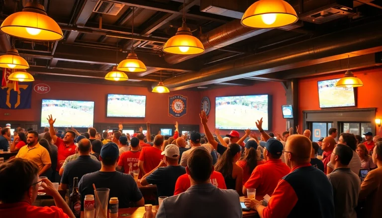 Dynamic gathering at sportsbooks in Oklahoma, showcasing fans celebrating at a sports bar.