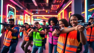 Laser tag players engage in an exciting battle in a vibrant arena.
