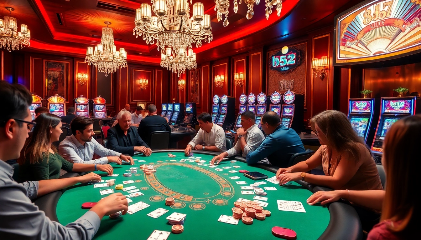 B52 club features thrilling poker gameplay with vibrant chips and cards amidst a luxurious casino atmosphere.