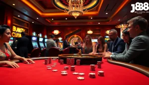 Players enjoying a thrilling game at a J88-themed poker table in a vibrant casino setting.