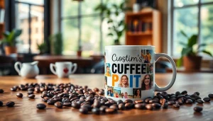 Individualiai atspausdinti puodeliai su spauda ant medinio stalo su kavos pupelėmis.