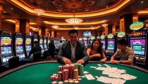 NAGA169 slot machines and players celebrate wins in a vibrant casino atmosphere.