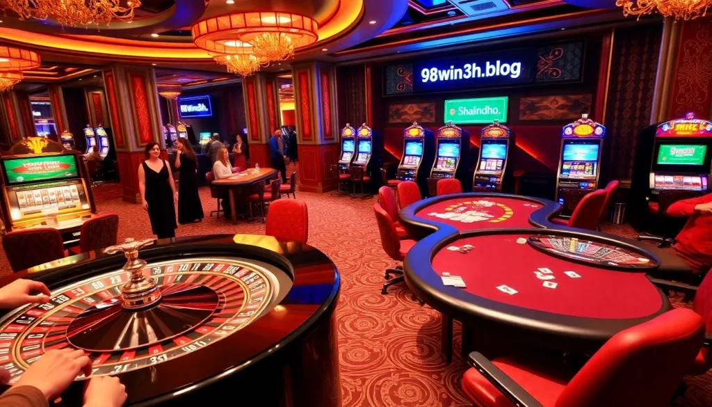 Capturing the thrill of gambling at a luxurious casino with 98win3h.blog prominently featured.