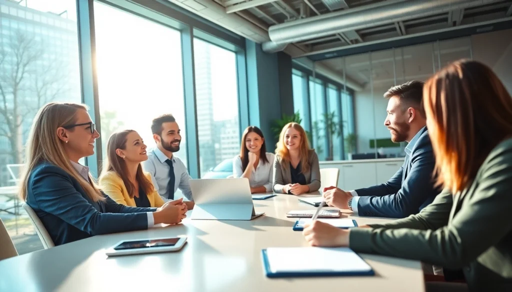 Professional team of Quickplus Business Consultants strategizing in a modern office environment.