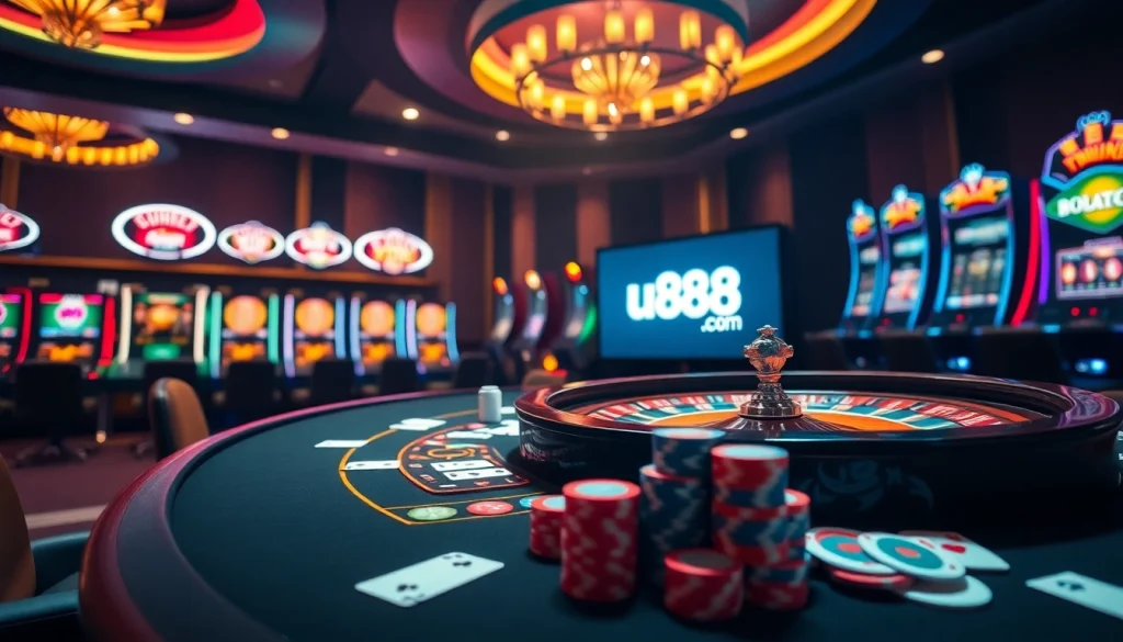Experience thrilling gameplay at u888 com's vibrant online casino, featuring poker and roulette lights.