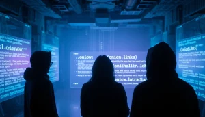 The hidden wiki dark web illustrated by a digital underground scene with shadowy figures around holographic screens, showcasing .onion links.