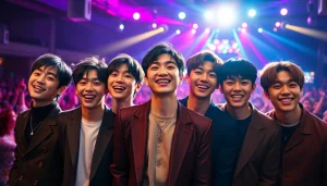 Dynamic photo capturing BTS members showing their vibrant energy and style at a concert.